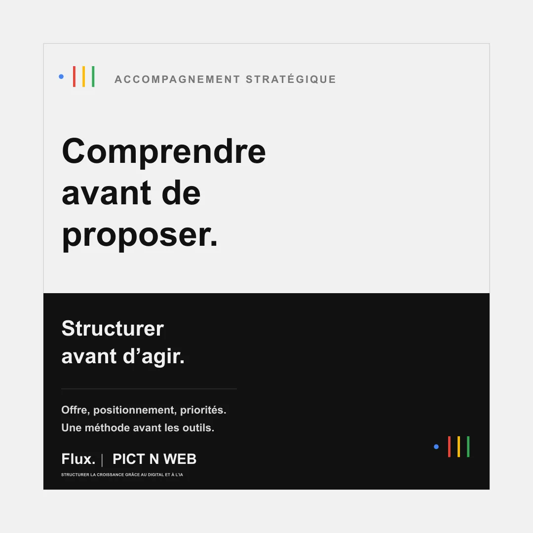 Visuel positif-négatif Flux. et Pict N Web pour la page accompagnement stratégique des entreprises à La Réunion, avec le message : Comprendre avant de proposer.