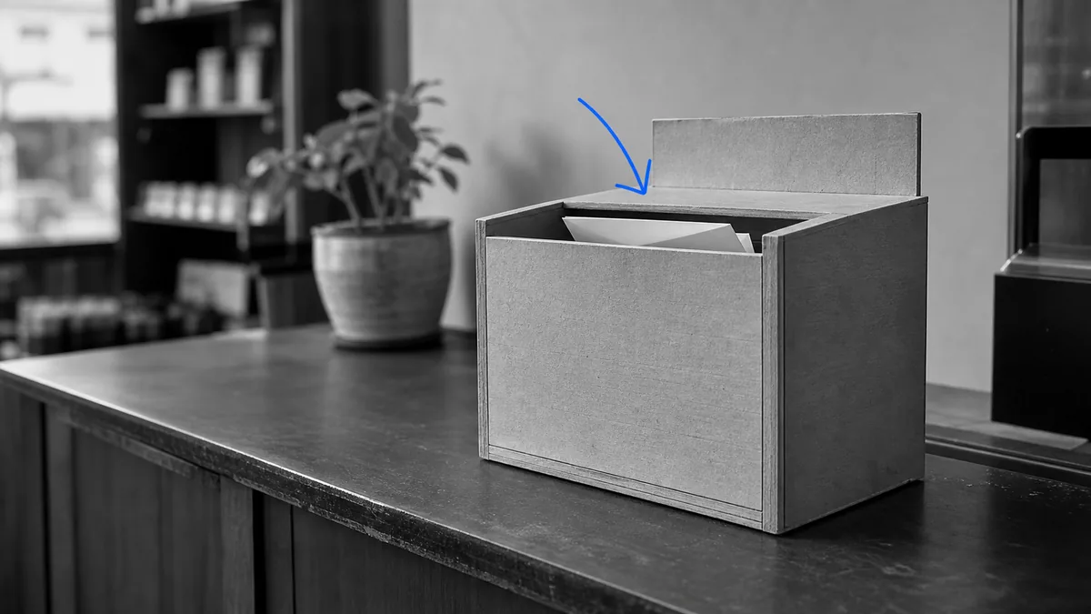 Boîte à avis clients sur un comptoir de commerce, symbole des avis qui s’accumulent sans être toujours lus ni exploités.
