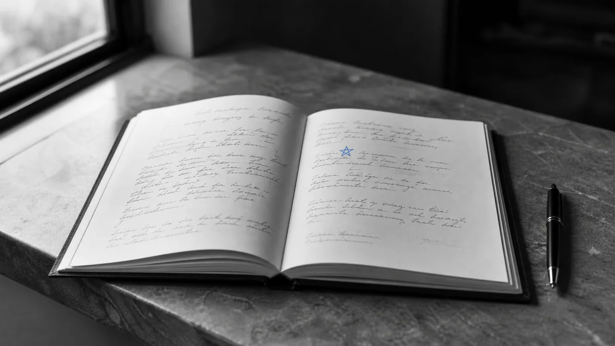 Livre d’or ouvert avec une étoile dessinée à la main au-dessus d’un commentaire, symbole de la preuve sociale que Google et les IA utilisent comme signal de confiance.
