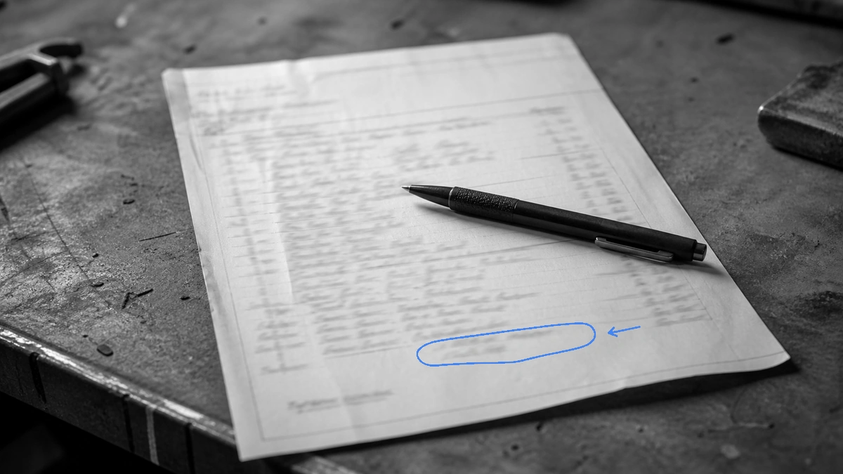 Devis manuscrit posé sur un établi, avec le montant total entouré à la main : le prix facturé n'a de sens qu'une fois comparé au coût.