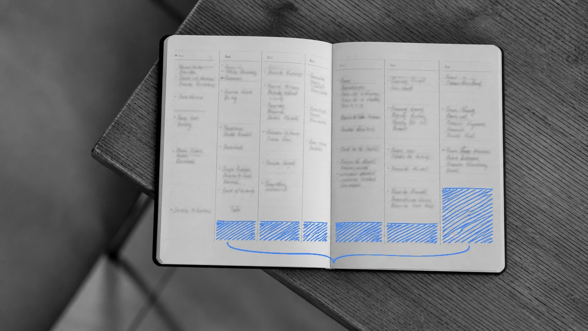 Agenda papier ouvert sur une semaine, avec les créneaux de fin de journée et du samedi entourés à la main : les heures de présence qui ne sont jamais facturées.