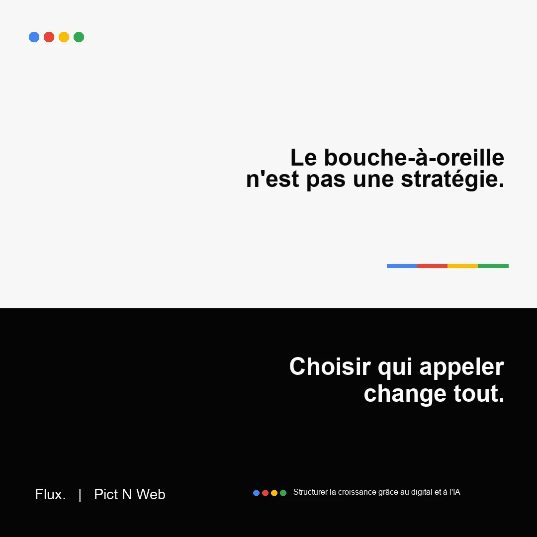 Visuel positif-négatif Flux. et Pict N Web pour la page développement commercial et prospection B2B, avec le message : le bouche-à-oreille n'est pas une stratégie.