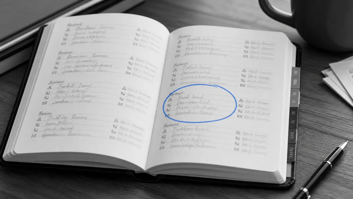 Carnet d'adresses papier avec un cercle tracé à la main autour d'un groupe de contacts, symbole d'un réseau de recommandation qui tourne en circuit fermé.