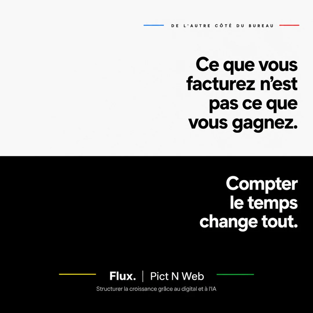 Visuel positif-négatif Flux. et Pict N Web pour la page rentabilité et pilotage d'activité, avec le message : ce que vous facturez n'est pas ce que vous gagnez.