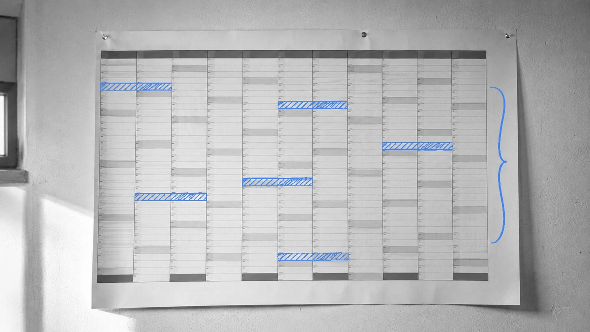 Calendrier mural annuel avec six semaines hachurées à la main : l'équivalent annuel du temps consacré aux gestes répétés.