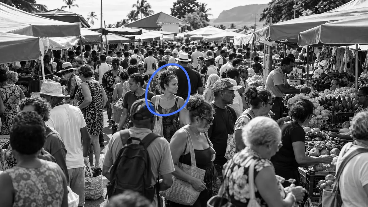 Sur un marché forain de La Réunion, un cercle dessiné à la main isole une personne précise dans la foule — la cible identifiée au milieu du marché de masse