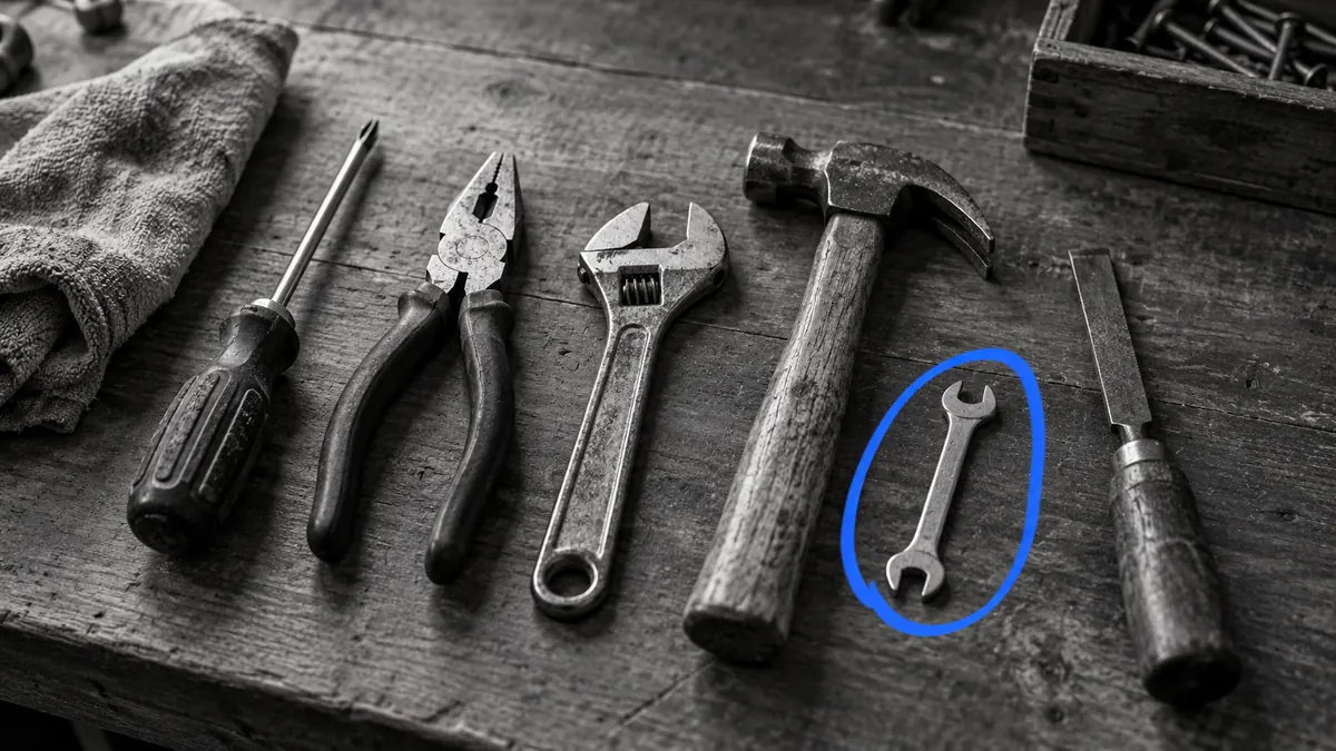 Sur un établi, un cercle dessiné à la main entoure le plus simple des outils, pas le plus<br />
perfectionné — la bonne solution est celle que l'on sait vraiment utiliser.