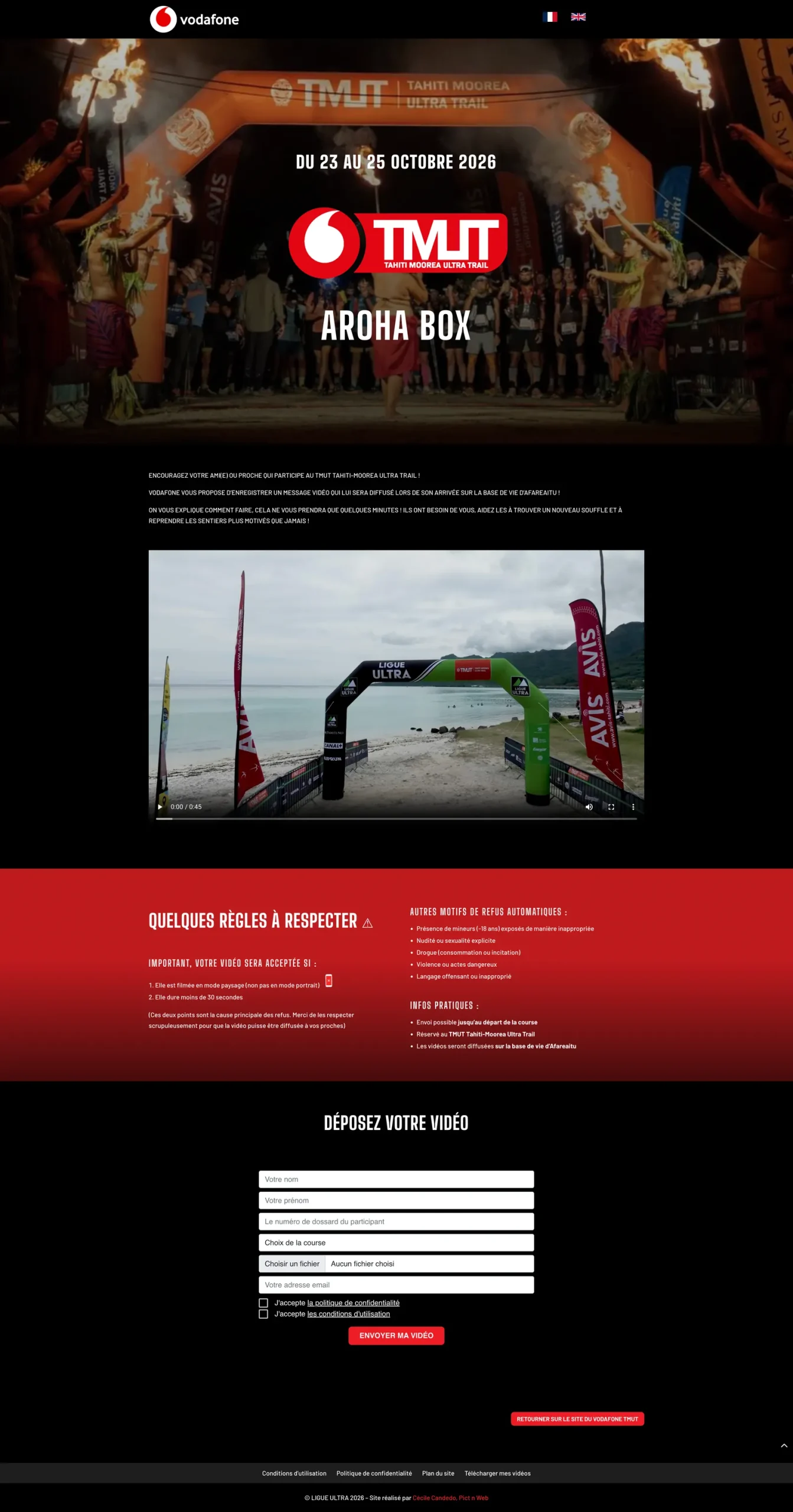 Page d'accueil du site Vodafone TMUT : dates de la course, objectif du dispositif et règles de validation de la vidéo.