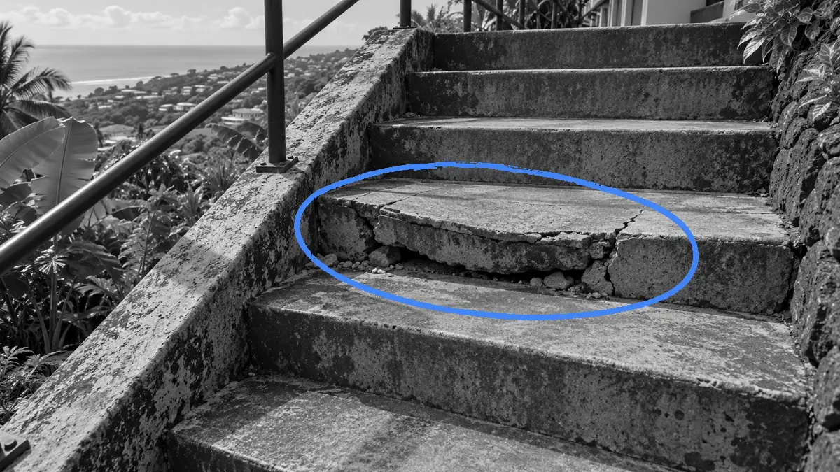 Sur un escalier extérieur, un cercle dessiné à la main entoure une marche affaissée au milieu des autres — une structure qu'on ne répare pas marche par marche, qu'on reconstruit.
