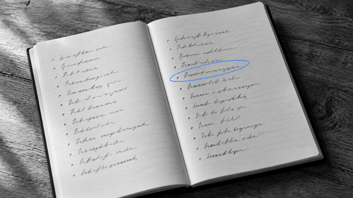 Carnet de notes avec une liste de questions, illustrant le panel de requêtes-sondes utilisé pour mesurer la visibilité dans les moteurs IA